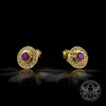 Златни обеци с много диаманти и подбран скъпоценен камък Родолит - Златна бижутерия BRUTAL