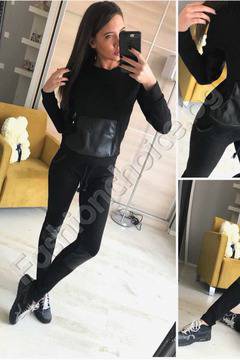 Дамски спортен комплект в черно с кожа-код1009-1