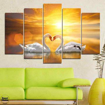 Декоративно пано за стена от 5 части с двойка бели лебеди при залез – HD-773