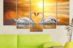 Декоративно пано за стена от 5 части с двойка бели лебеди при залез – HD-773