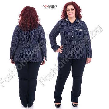 Дамска макси риза на точки с перлички в тъмно синьо