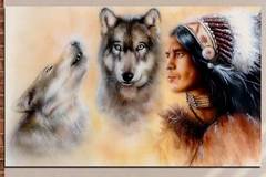 Картина пано за стена от 1 част с индиански воин и двойка вълци – HD-767-1