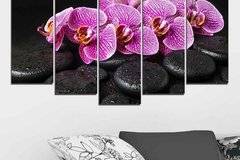 Декоративно пано за стена от 5 части с лилава Орхидея върху Дзен камъни – HD-775