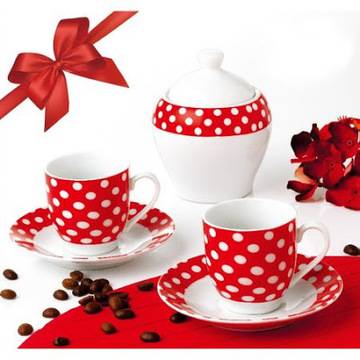 Сервиз за кафе OTI, Порцелан, 6 части, Модел с точки, Червен