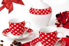 Сервиз за кафе OTI, Порцелан, 6 части, Модел с точки, Червен