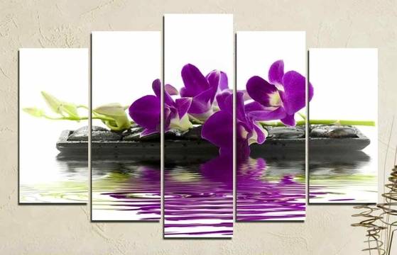 Декоративно пано за стена от 5 части – Спа мотив с лилава Орхидея – HD-776