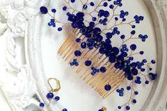 Абитуриентски комплект гребенче за коса и обици в синьо и златно – Gold and Blue by Rosie