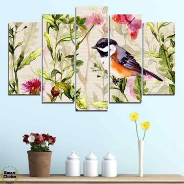 Декоративно пано за стена от 5 части пролетно настроение с птичка – HD-786