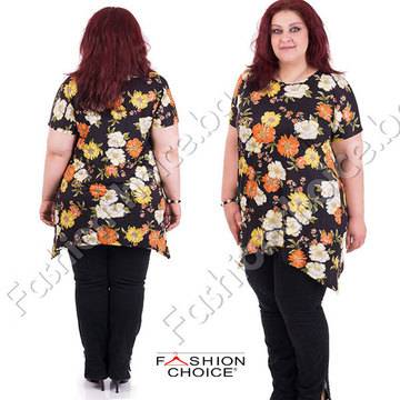 Асиметрична макси туника в черно със слънчев летен десен