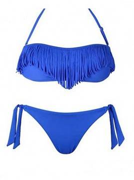 Дамски бански от две части W1545 син бриджитка с ресни