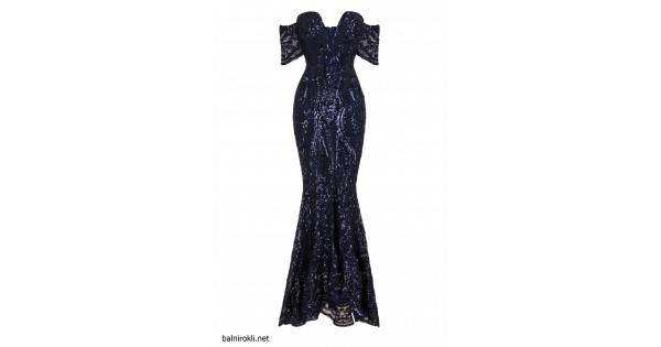 Бална Блестяща Луксозна Тъмносиня Рокля Бюстие