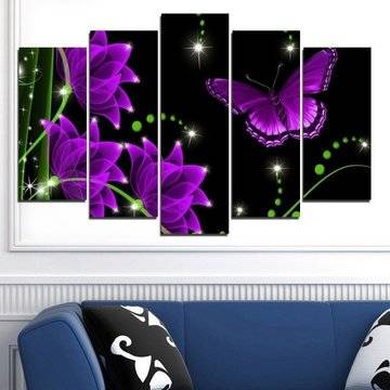 Декоративно пано за стена от 5 части с цветя и пеперуда – HD-686