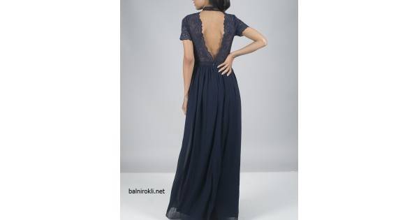 Бална Тъмносиня Дълга Рокля Дантела и Шифон Гол Гръб