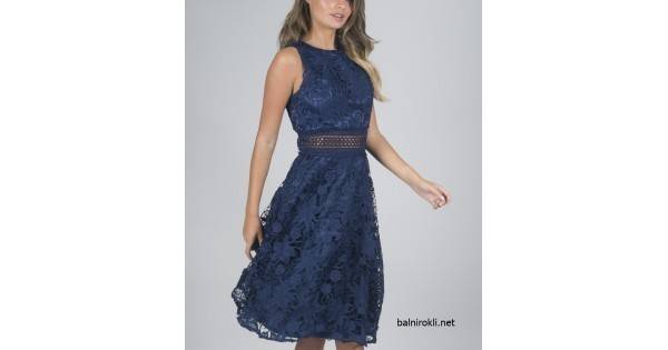 Дантелена Къса Официална Тъмносиня Коктейлна Рокля