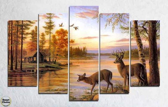Декоративно пано за стена от 5 части – Елени пиещи вода на реката при залез – HD-789