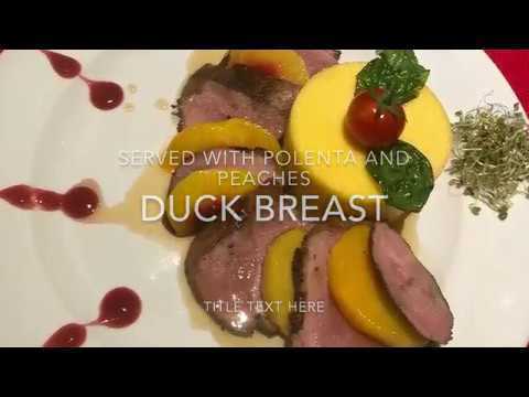 Патешко мегре – с качамак, глазирани нектарини и чипс от бейби спанак