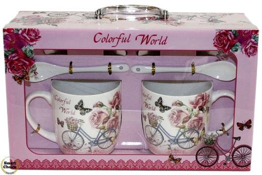 Порцеланов комплект две чаши с чинийки и лъжички – „Colorful world“. Модел 79-6723