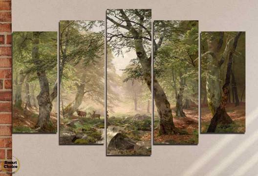 Декоративно пано за стена от 5 части – Горски пейзаж с елени – HD-788