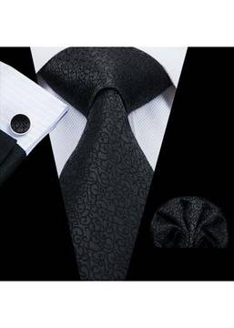 Официална мъжка вратовръзка в черно с ефектен мотив в комплект с кърпичка и ръкавели