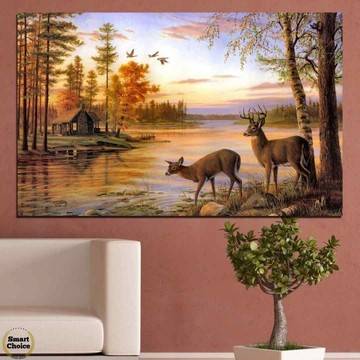 Картина пано за стена от 1 част – Елени пиещи вода на реката при залез – HD-789-1