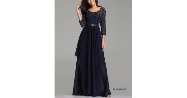 Бална Дълга Тъмносиня Официална Рокля Дантела и Шифон