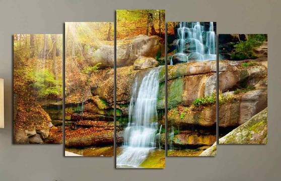 Декоративно пано за стена от 5 части пейзаж с каскаден есенен водопад – HD-863