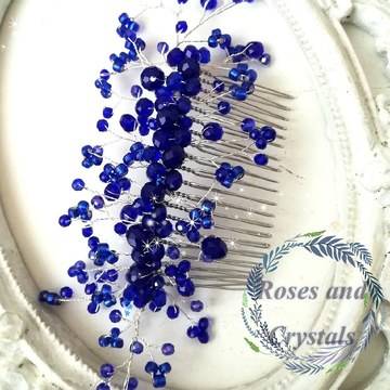 Кристален гребен – украса за коса в кралско синьо модел Blue Clematis by Rosie