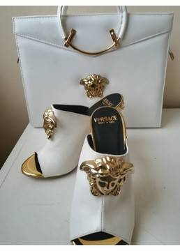 Елегантен комплект дамска чанта и чехли с висок ток модел Версаче Gorgon