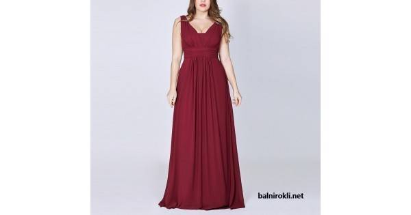 Дълга Вечерна Тъмночервена Рокля Деколте Макси Размери