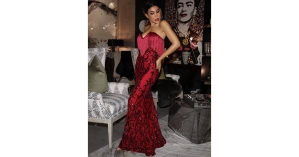 Бална Блестяща Дълга Рокля Бордо Ресни