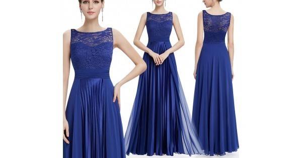 Бална Дълга Синя Рокля Бюстие Дантела Пола Плисе