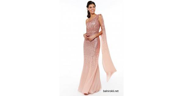 Абитуриентска Блестяща Рокля Прасковен Цвят Едно Рамо