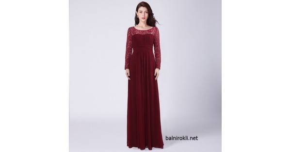 Абитуриентска Дълга Тъмночервена Рокля Дантела Ръкави Шифон