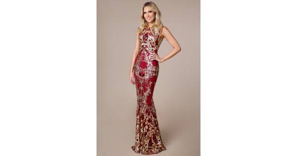 Бална Блестяща Луксозна Рокля Златно и Бордо