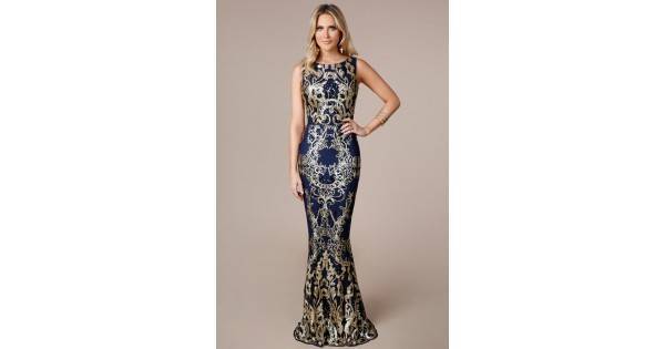 Бална Блестяща Луксозна Синя Рокля Златисти Декорации