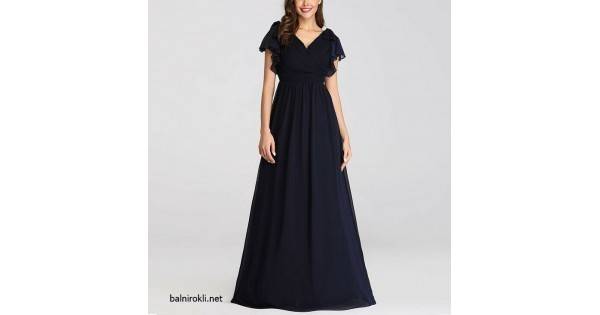 Бална Дълга Тъмносиня Вечерна Рокля Шифон