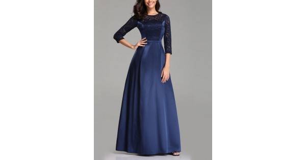 Бална Дълга Тъмносиня Рокля Сатен Дантела Ръкави