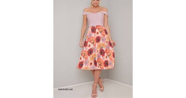 Елегантна Коктейлна Рокля Флорал Деколте