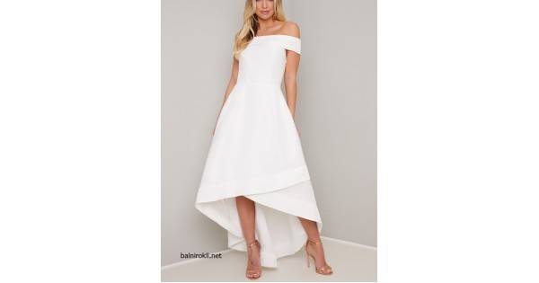 Асиметрична Бяла Бална Рокля Сатен Деколте