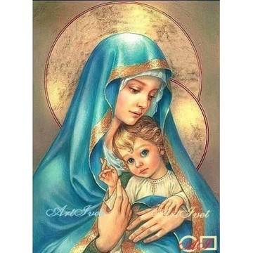 Наличен Диамантен гоблен ДЕВАТА СЪС СИНЕОКИЯ МЛАДЕНЕЦ: Размер и Вид – Квадратни диаманти 40х30