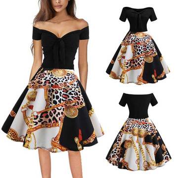 Лятна рокля Жени реколта леопард печат на рамо жени дрехи 2019 рокли жена партия нощ рокли