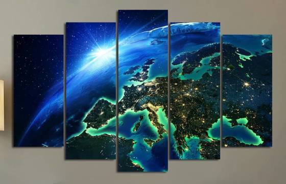 Декоративно пано за стена от 5 части – Нощ над Европа гледана от Космоса – HD-834