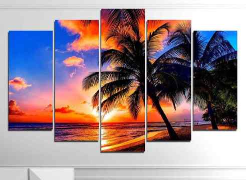 Декоративно пано за стена от 5 части с морски залез и палми – HD-975
