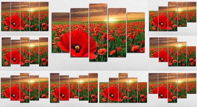Декоративно пано за стена от 5 части – Изгрев над поле с макове – HD-969