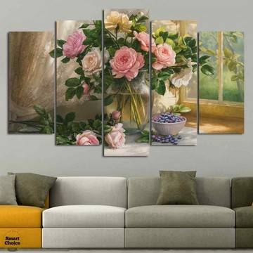 Декоративно пано за стена от 5 части – Ваза със свежи рози – HD-859