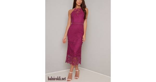 Дантелена Официална Права Рокля Средна Дължина