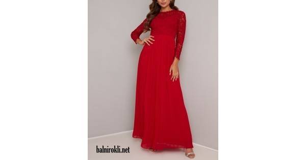 Абитуриентска Бална Червена Рокля Бюстие Дантела Ръкави и Шифон