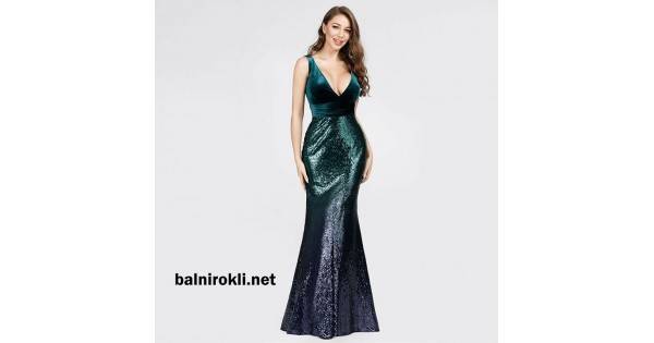 Бална Дълга Блестяща Рокля Тъмнозелени Пайети Велурено Бюстие