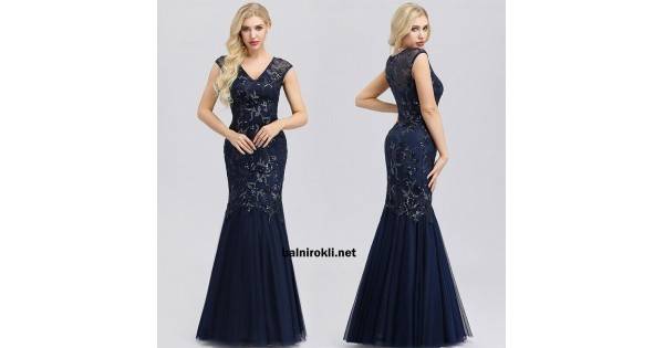 Бална Дълга Тъмносиня Рокля Сребристи Декорации Русалка