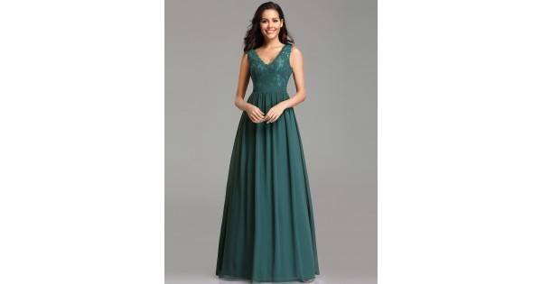 Дълга Зелена Официална Рокля Шифон Бюстие Дантела